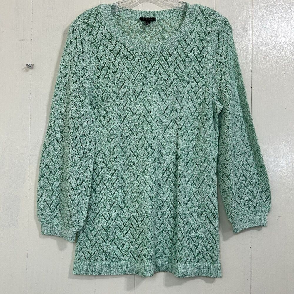 Talbots Top Aqua Green Marled Chevron Stitch Cotton Linen Blend Sweater  Size M
